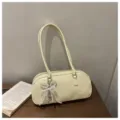 Women vintage oil wax leather shoulder baguette handbag with pearl bow pendant cream yellow - Yellow (With Pendant)