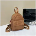 Cute brown plaid mini backpack for casual daily use, featuring front pocket and top handle. - Brown Plaid Style / Brown