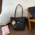 Black star print tote bag with cute plush bear pendant and double shoulder straps for women. - With Pendant / Black
