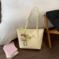 Korean style vintage embossed star tote bag with cute bear charm and bow for women daily commute - With Pendant / Yellow