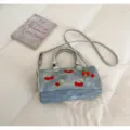 Denim cherry embroidery boston bag, stylish crossbody handbag with top handles and cute charm. - No Pendant / Silver
