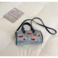 Denim Boston shoulder bag with cute cherry embroidery and pendant, casual everyday handbag. - No Pendant / Blue