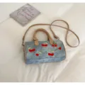 Denim boston shoulder bag with cute cherry embroidery and chic brown leather handles. - No Pendant / Khaki