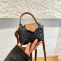 Mini star print canvas crossbody bag with brown leather handle and flap for women style. - Black