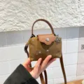 Mini denim crossbody bag with star studs, brown top handle shoulder pouch for women. - Brown