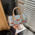 Denim boston bag short handle crossbody handbag with cute cherry embroidery and pendant. - With Pendant / Khaki