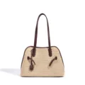 Elegante bolso de hombro de paja tejida con ribete de cuero marrón, gran capacidad. - Rojo silla