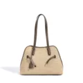 Chic bolso de hombro de paja tejida con correas de cuero en contraste, bolso grande de vacaciones. - Gris elefante