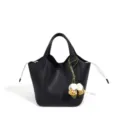 Sac à main seau classique en cuir véritable noir avec charm floral, élégant sac cabas. - 17*17*20CM / Noir