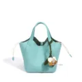 Sac seau en cuir bleu clair sac à main poignée supérieure avec breloque fleur cordon - 17*17*20CM / Bleu Macaron