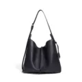 Black genuine leather hobo bucket bag for women, large capacity shoulder bag for daily commute. - 30 x 27 x 12cm / Black