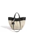 Canvas leather contrast tote bag, retro casual large capacity shoulder handbag for women - Black