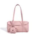 Pink leather shoulder bag, stylish baguette underarm handbag with pebble texture and charm. - 34*12*17CM / Sakura Pink