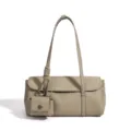 Taupe genuine leather baguette shoulder bag with chic mini pouch, stylish daily wear. - 34*12*17CM / Asphalt Gray