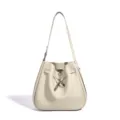 Off-White Leather Bucket Bag Stylish Minimalist Shoulder Crossbody Bag for Women - Wool White