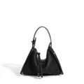 Borsa a mano in pelle nera, elegante borsa a tracolla pieghevole da donna, borsa chic giornaliera. - Nero