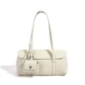 Chic Korean style solid color leather baguette shoulder bag with mini coin purse charm. - 34*12*17CM / Milk White