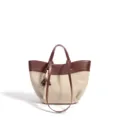 Vintage color-block leather canvas tote shoulder bag for women, large capacity daily use. - Amber Brown