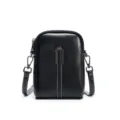 Petit sac bandoulière en cuir noir pour femme, pochette de téléphone élégante avec sangle. - Noir