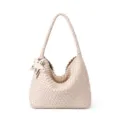 Beige woven shoulder bag, stylish large capacity tote handbag with cute star charm. - L / White