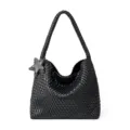 Black woven leather shoulder bag with star charm, casual large capacity tote handbag daily use. - L / Black