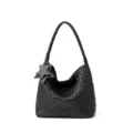 Black woven leather shoulder bag hobo handbag with star charm casual daily tote purse - M / Black