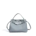 Moderna bolso de hombro gris de cuero, elegante bolso de mano casual con asa y correa larga. - Azul Niebla