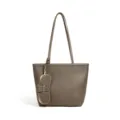 Taupe leather tote bag for women, minimalist shoulder bag with contrast stitching and charm. - Milky Apricot