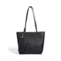 Minimalist black leather tote bag for women, elegant shoulder bag with contrast stitching. - Black