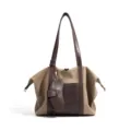 Khaki and brown canvas tote bag, stylish patchwork shoulder bag for daily commuting use. - Coffee