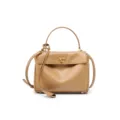 Khaki leather top handle shoulder bag, stylish crossbody design with metal turn-lock closure. - Mini Khaki Gold Buckle