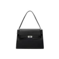 Retro schwarze Ledertasche Schultertasche mit Überschlag und Metallverschluss für Damen. - Schwarz