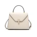 Elegant white top-handle handbag with trapezoid silhouette and metal lock. Perfect for commuting. - L / White