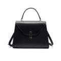 Elegant black leather top handle bag, premium trapezoid commuter handbag with gold hardware. - L / Black