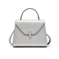 Silver leather top handle handbag for women, elegant structured shoulder bag with metal lock. - L / Silver