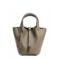 Sac seau en cuir veritable taupe, elegante sacoche chic avec fermeture metallique et poignees. - 18CM (Boucle Argentée) / Gris éléphant