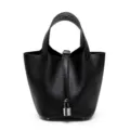 Borsa a secchiello nera in vera pelle da donna, elegante borsa a mano con lucchetto chic. - 22 cm Nero (fibbia argentata)