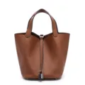 Borsa a secchiello in vera pelle da donna, borsa di lusso con dettaglio di serratura. - 22 cm Marrone dorato (fibbia argentata)