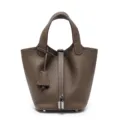 Elegante borsa a secchiello in vera pelle marrone con manici e lucchetto per donna. - Khaki 22 cm (fibbia d'argento)