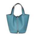 Borsa a secchiello in vera pelle blu, borsetta in pelle bovina con lucchetto da donna - 22 cm Blu denim (fibbia argentata)