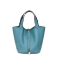 Borsa secchiello in vera pelle blu da donna, elegante borsa a mano con manici e serratura chic. - 18 cm Blu denim (fibbia argentata)