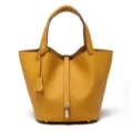 Borsa Secchiello in Vera Pelle Gialla Borsa a Mano Donna Pelle di Mucca Elegante - 22 cm Giallo ambra (fibbia argentata)