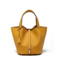 Borsa a secchiello in vera pelle da donna, elegante borsa a mano con chiusura a lucchetto. - 18 cm Giallo ambra (fibbia argentata)