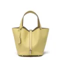 Borsa a secchiello in pelle gialla da donna, elegante borsa a mano con serratura in metallo. - 18 cm Giallo tenue (fibbia argentata)
