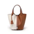 Borsa a secchiello in pelle bicolore bianco e marrone, borsa in vera pelle di qualità. - 18 cm marrone dorato e bianco crema (fibbia argento)