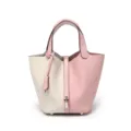 Borsa a secchiello in pelle bicolore con lucchetto, elegante borsa a mano rosa e bianca. - 18 cm rosa 3Q e bianco crema (fibbia argento)