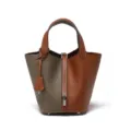 Borsa a secchiello in vera pelle bicolore da donna, borsa elegante con lucchetto e manici. - 18 cm grigio elefante e marrone dorato (fibbia argento)
