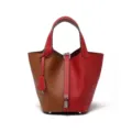 Borsa a secchiello in vera pelle, borsa bicolore rosso e marrone con serratura donna. - 18 cm rosso e marrone dorato (fibbia argento)