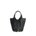 Borsa a secchiello in vera pelle nera con manici e lucchetto per donna elegante e chic - 14 cm nero (fibbia oro)