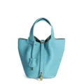 Borsa a secchiello in pelle azzurra da donna, borsa classica con serratura in metallo. - 18 cm Bleu du Nord (hardware dorato)